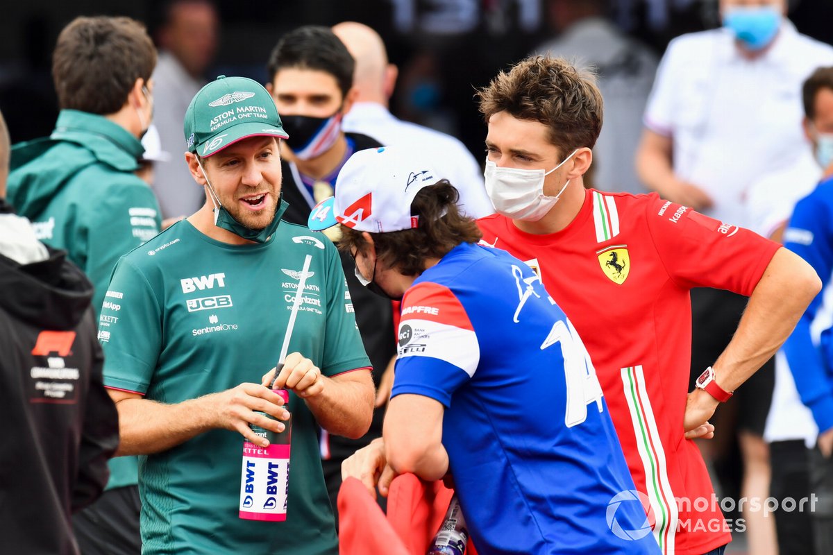 Sebastian Vettel, Aston Martin, Fernando Alonso, Alpine F1, and Charles Leclerc, Ferrari