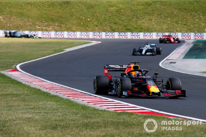 Max Verstappen, Red Bull Racing RB15, leads Lewis Hamilton, Mercedes AMG F1 W10, and Charles Leclerc, Ferrari SF90