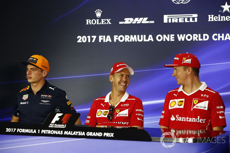 Max Verstappen, Red Bull Racing, Sebastian Vettel, Ferrari, Kimi Raikkonen, Ferrari, in the FIA press conference