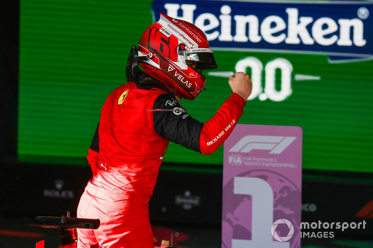 Charles Leclerc, Ferrari, 1st position, celebrates on arrival in Parc Ferme