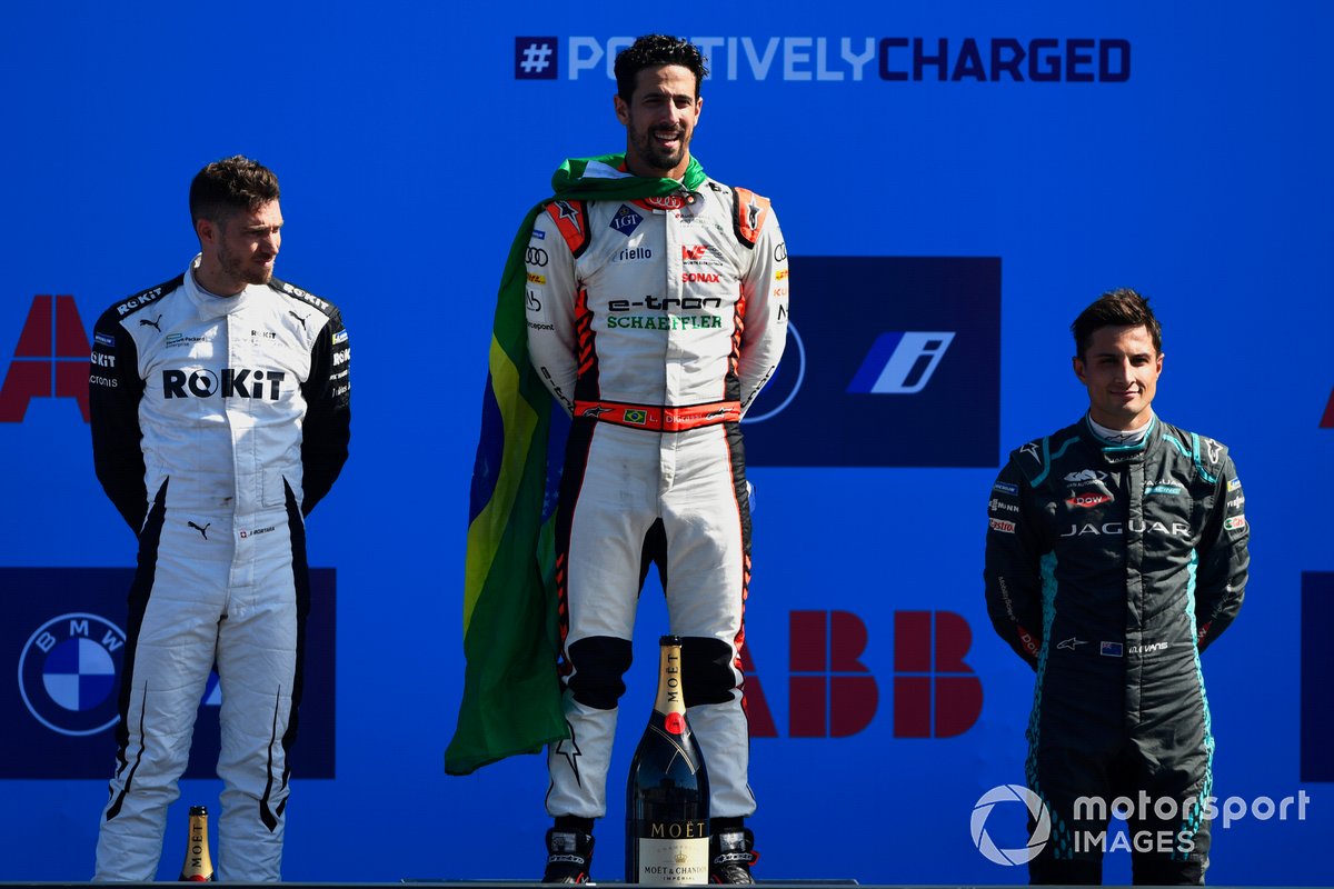Edoardo Mortara, Venturi Racing, 2nd position, Lucas Di Grassi, Audi Sport ABT Schaeffler, 1st position, Mitch Evans, Jaguar Racing, 3rd position, on the podium