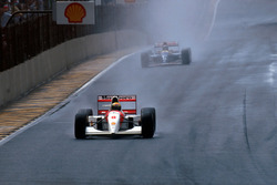 Ayrton Senna, McLaren MP4/8 leads second place finisher Damon Hill, Williams FW15C