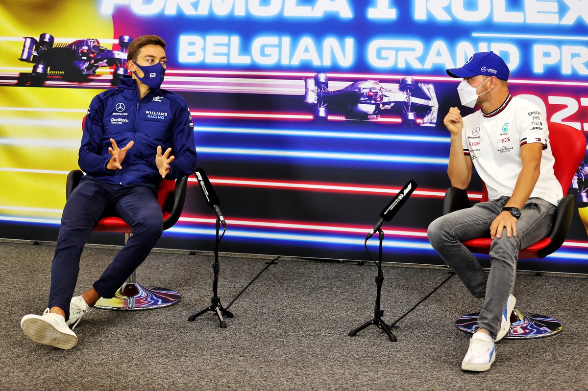 George Russell, Williams, and Valtteri Bottas, Mercedes, in the Press Conference