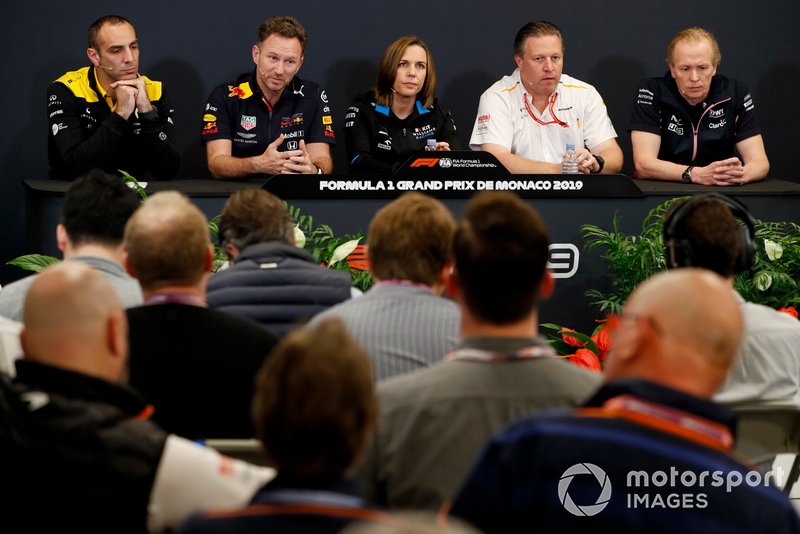 Cyril Abiteboul, Managing Director, Renault F1 Team, Christian Horner, Team Principal, Red Bull Racing, Claire Williams, Deputy Team Principal, Williams Racing, Zak Brown, Executive Director, McLaren, and Andrew Green, Technical Director, Racing Point, in the team principals Press Conference