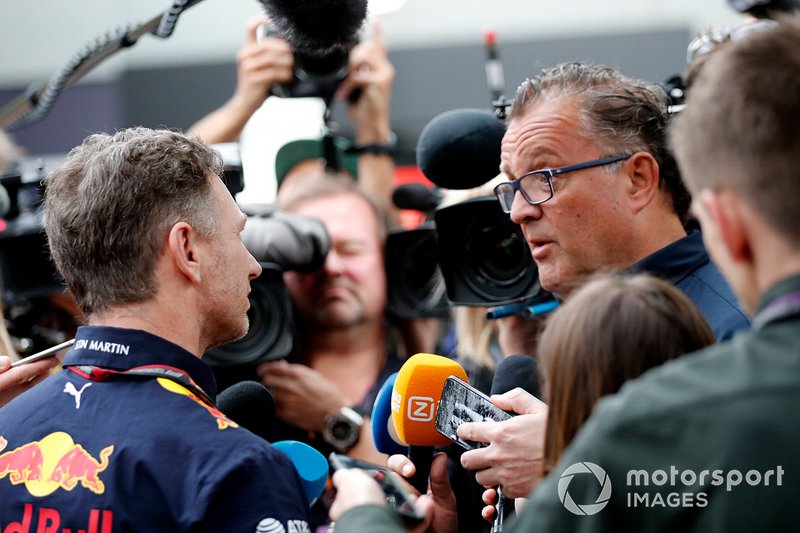 Christian Horner, Team Principal, Red Bull Racing talks to the press