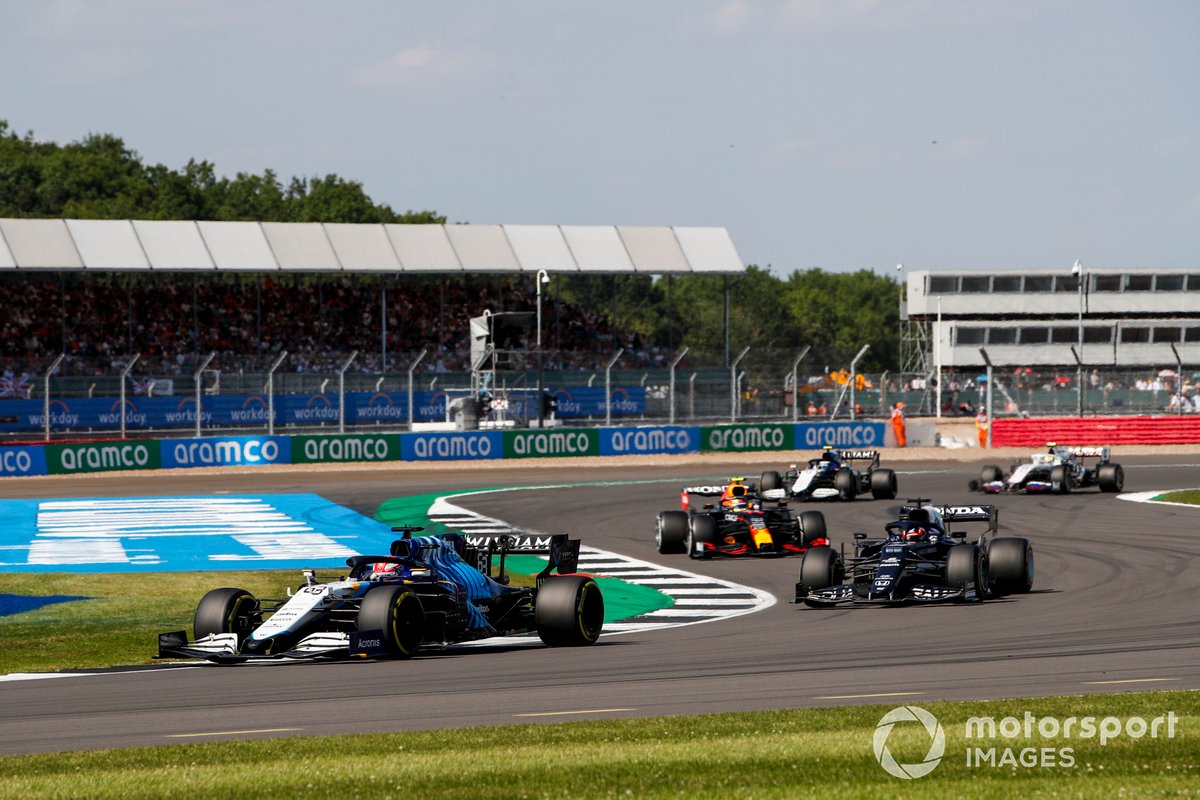George Russell, Williams FW43B, Yuki Tsunoda, AlphaTauri AT02, and Sergio Perez, Red Bull Racing RB16B