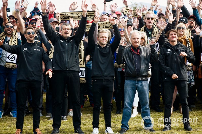 Romain Grosjean, Haas F1, Guenther Steiner, Team Principal, Haas F1 Team, Kevin Magnussen, Haas F1, Gene Haas, Owner And Founder, Haas F1 Team and Pietro Fittipaldi, test and development driver, Haas F1