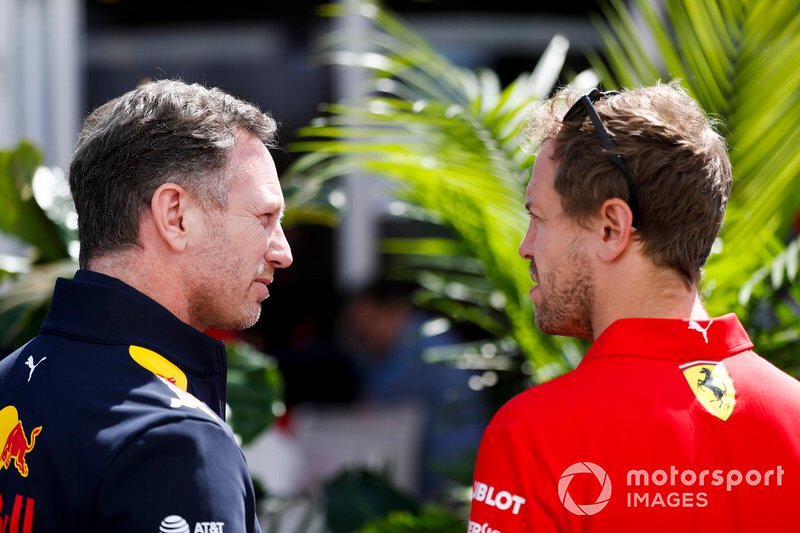 Christian Horner, Team Principal, Red Bull Racing and Sebastian Vettel, Ferrari