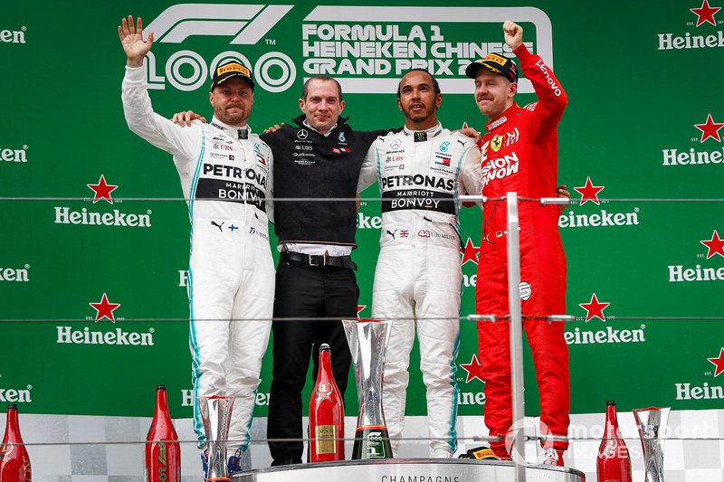 Podium: race winner Lewis Hamilton, Mercedes AMG F1, second place Valtteri Bottas, Mercedes AMG F1 and third place Sebastian Vettel, Ferrari celebrate on the podium