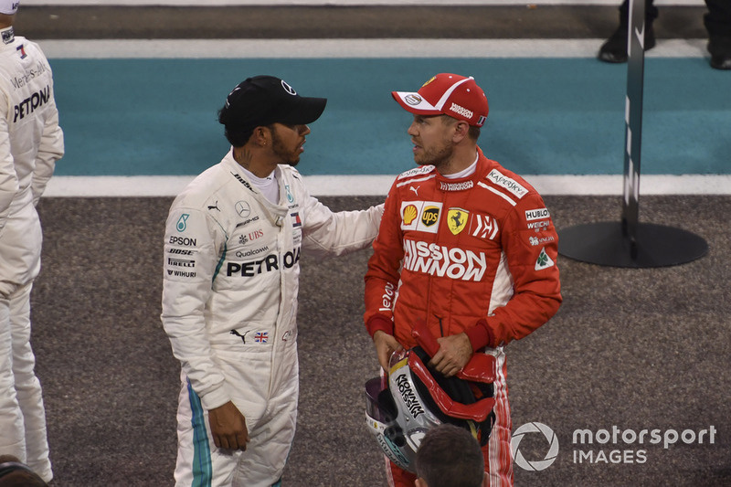 Lewis Hamilton, Mercedes AMG F1 and Sebastian Vettel, Ferrari celebrate in Parc Ferme