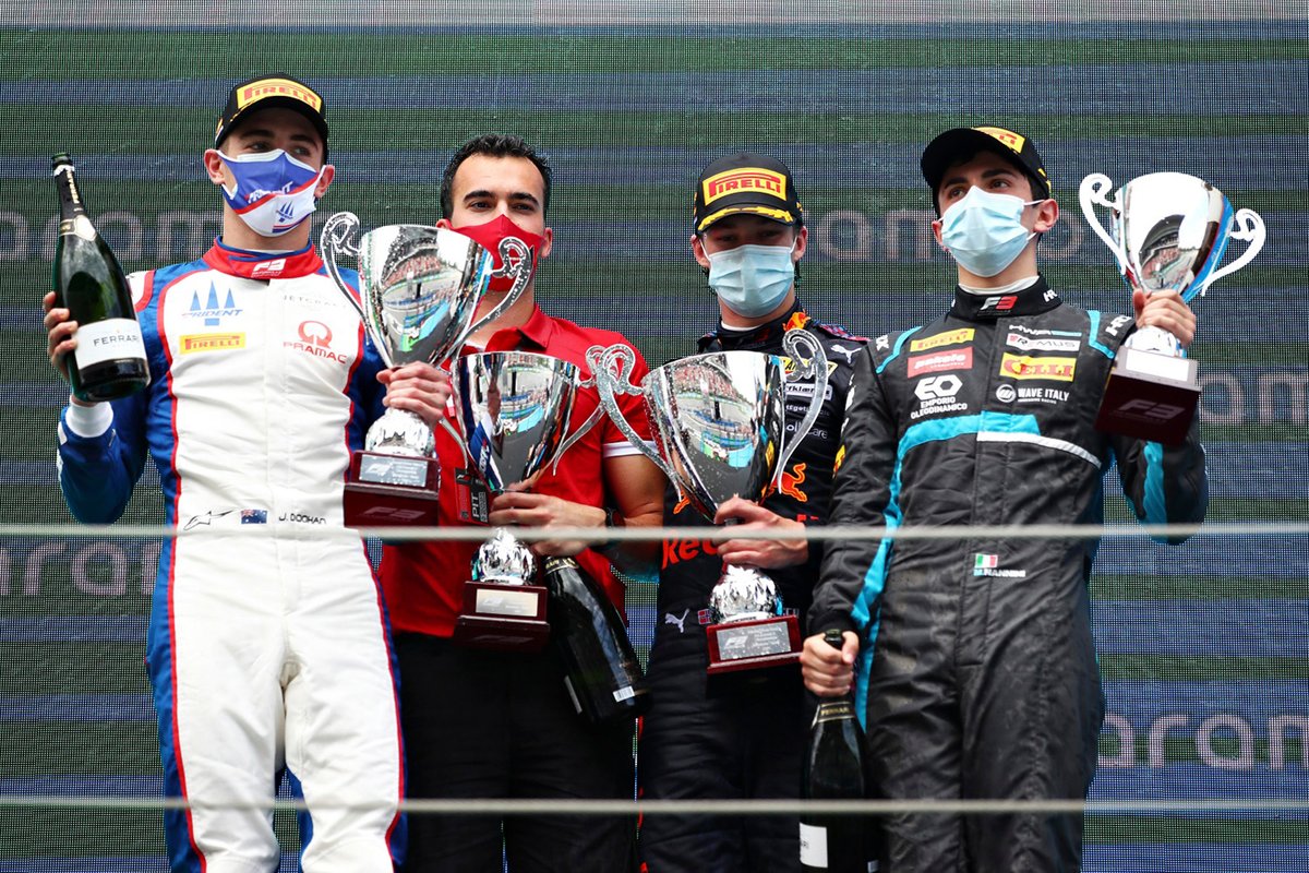 Podium: Race winner Dennis Hauger, Prema Racing, second place Jack Doohan, Trident, third place Matteo Nannini, HWA Racelab