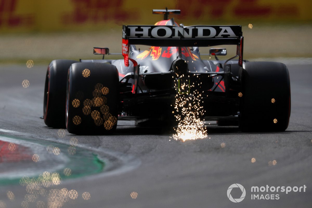 Sparks trail behind Max Verstappen, Red Bull Racing RB16B
