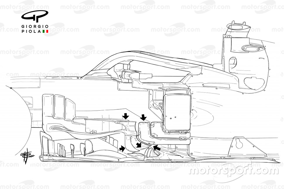 Прежняя версия Ferrari SF1000: стрелками показаны важные элементы