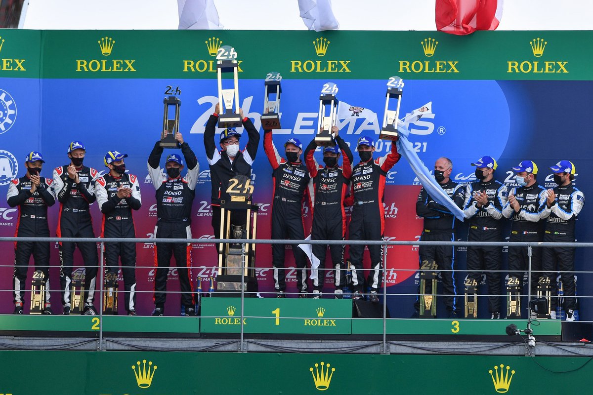 Podium: overal winners #7 Toyota Gazoo Racing Toyota GR010 - Hybrid Hypercar, Mike Conway, Kamui Kobayashi, Jose Maria Lopez, second place #8 Toyota Gazoo Racing Toyota GR010 - Hybrid Hypercar, Sebastien Buemi, Kazuki Nakajima, Brendon Hartley, third place #36 Alpine Elf Matmut Alpine A480 - Gibson Hypercar of André Negrão, Nicolas Lapierre, Matthieu Vaxiviere