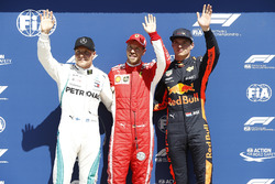 (L to R): Valtteri Bottas, Mercedes-AMG F1, pole sitter Sebastian Vettel, Ferrari and Max Verstappen