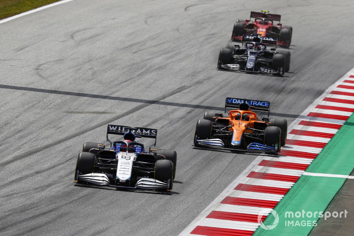 George Russell, Williams FW43B, Daniel Ricciardo, McLaren MCL35M, and Yuki Tsunoda, AlphaTauri AT02