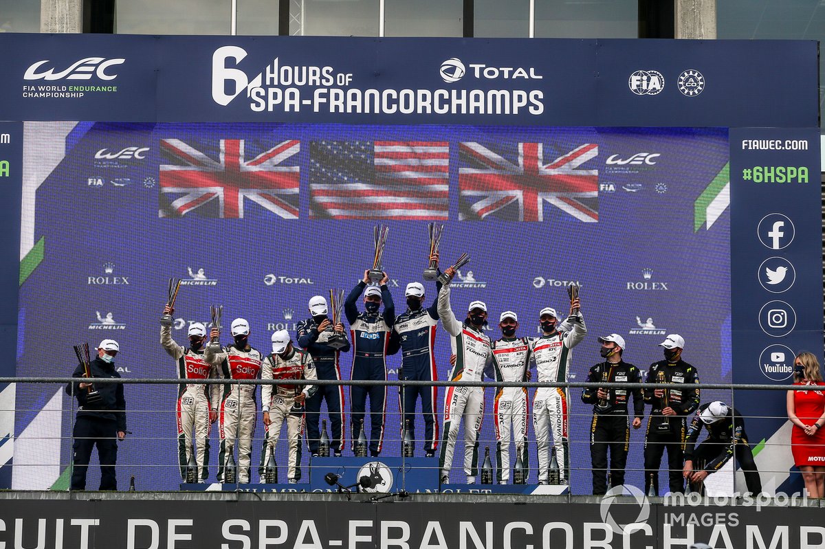 LMP2 Podium: second place #28 JOTA Oreca 07 - Gibson: #38 JOTA Oreca 07 - Gibson: Roberto Gonzalez, Antonio Felix Da Costa, Anthony Davidson, Race winner #22 United Autosports USA Oreca 07 - Gibson: Philip Hanson, Fabio Scherer, Filipe Albuquerque, #28 JOTA Oreca 07 - Gibson: Sean Gelael, Stoffel Vandoorne, Tom Blomqvist, third place #29 Racing Team Nederland Oreca 07 - Gibson: Frits Van Eerd, Giedo Van Der Garde, Job Van Uitert