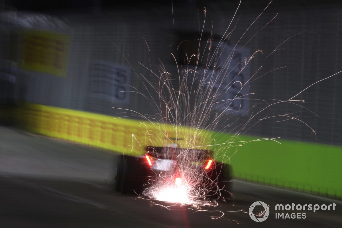 Sparks fly from Mick Schumacher, Haas VF-22