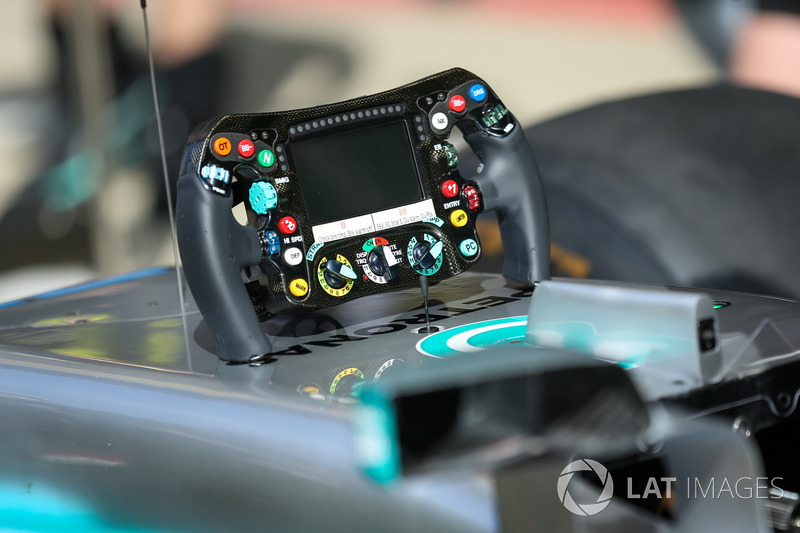 The steering wheel detail of Mercedes-Benz F1 W08