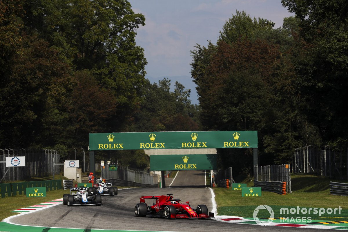Sebastian Vettel, Ferrari SF1000, George Russell, Williams FW43, and Nicholas Latifi, Williams FW43