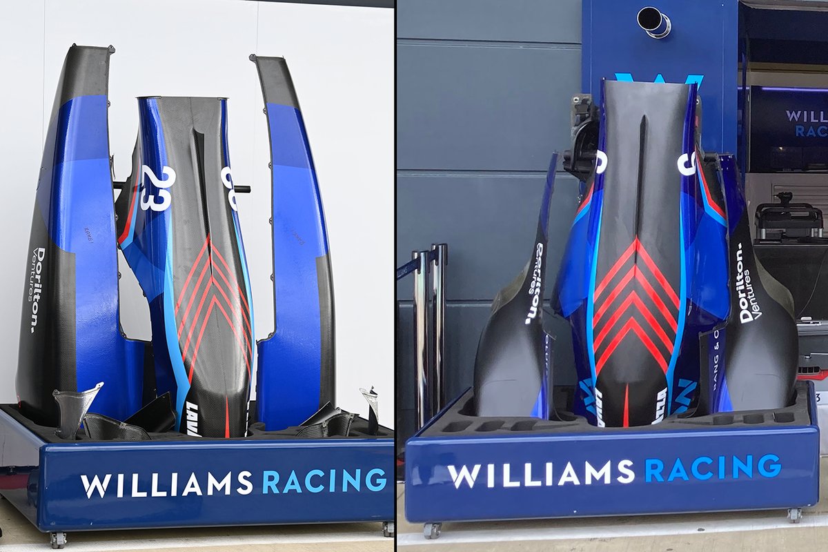 Het oude en het nieuwe pakket van de Williams FW44 naast elkaar in de pitstraat.