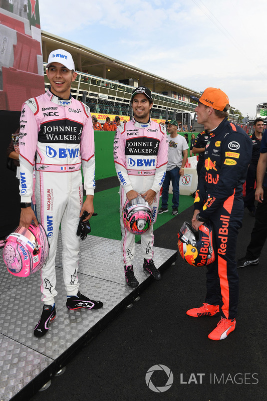 Esteban Ocon, Sahara Force India F1, Sergio Perez, Sahara Force India and Max Verstappen, Red Bull Racing