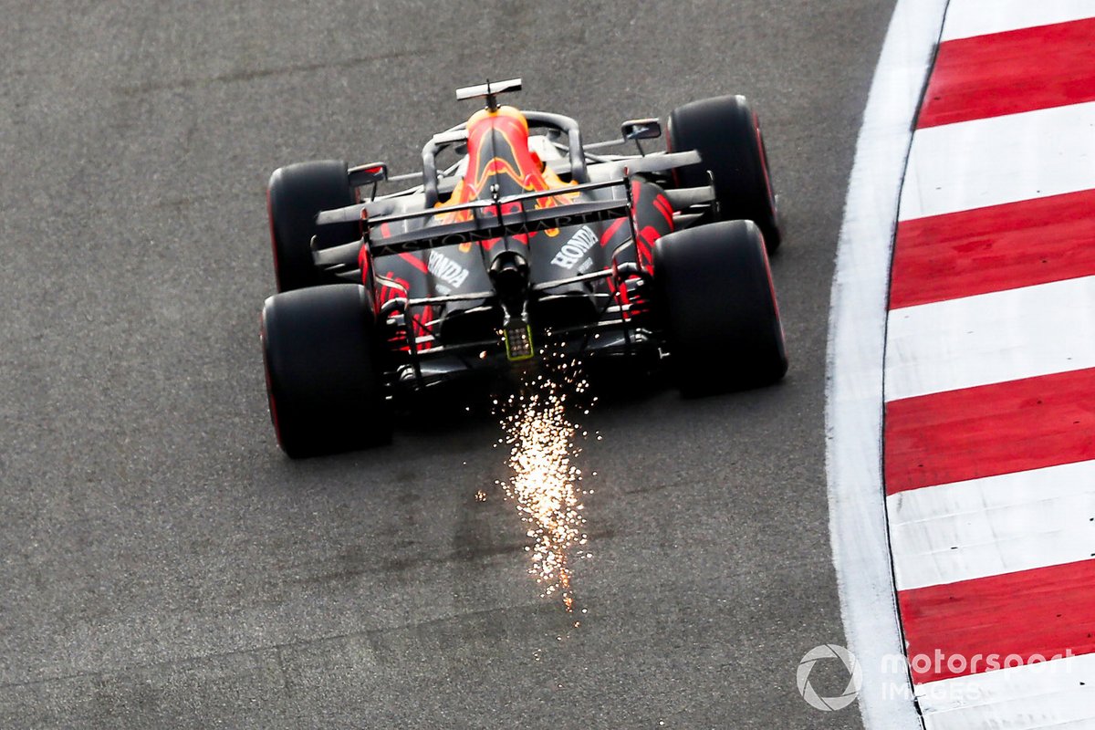 Sparks fly from the car of Max Verstappen, Red Bull Racing RB16