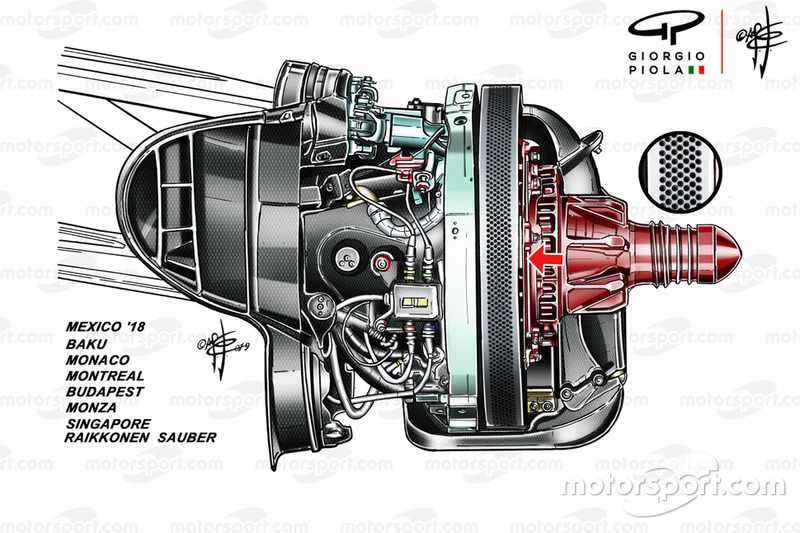 Ferrari SF90, disco dei freni anteriore Brembo con sette fori di raffreddamento obliqui