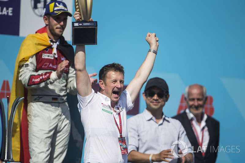 Allan McNish, Team Principal, Audi Sport Abt Schaeffler, celebrates