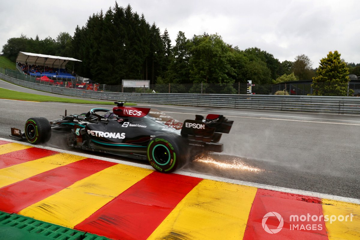 Sparks trail from Lewis Hamilton, Mercedes W12