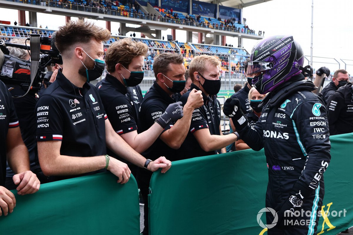 Lewis Hamilton, Mercedes, celebrates pole on arrival in Parc Ferme