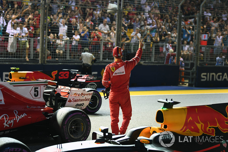 Pole sitter Sebastian Vettel, Ferrari SF70H celebrates in parc ferme