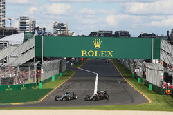 Nico Rosberg, Mercedes AMG F1 Team W07 and Nico Hulkenberg, Sahara Force India F1 VJM09 battle for p