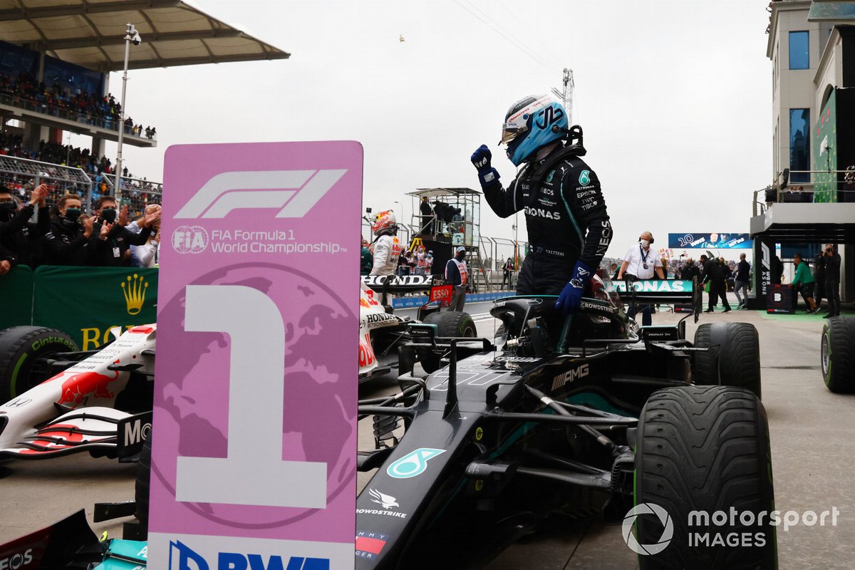 Valtteri Bottas, Mercedes, 1st position, arrives in Parc Ferme