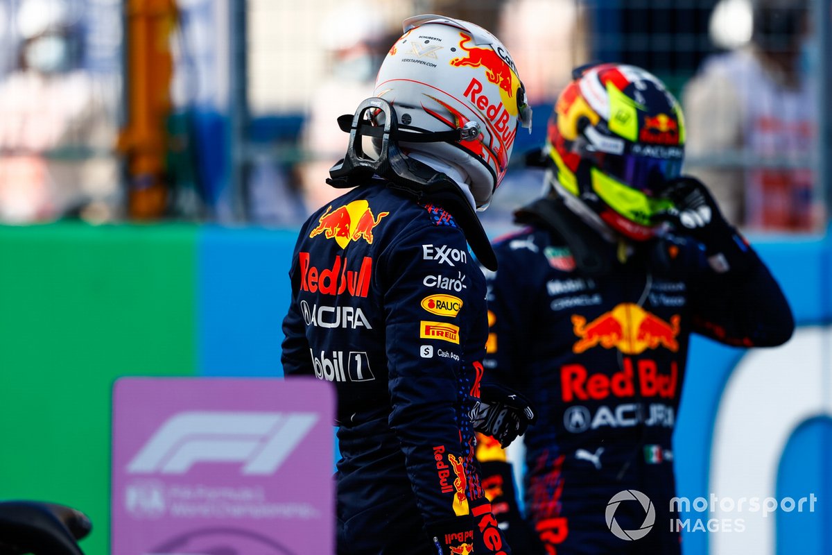Pole man Max Verstappen, Red Bull Racing, and Sergio Perez, Red Bull Racing, in Parc Ferme after Qualifying