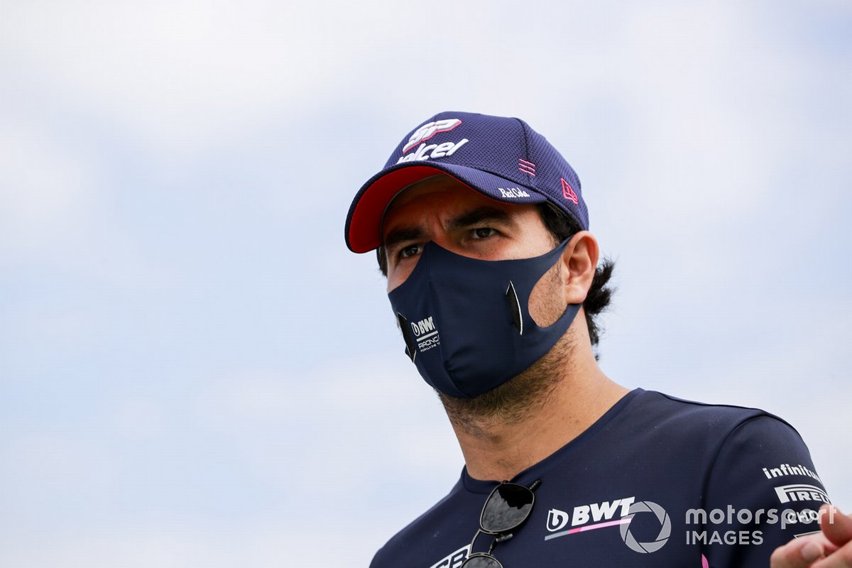 Sergio Perez, Racing Point walks the track with his engineers