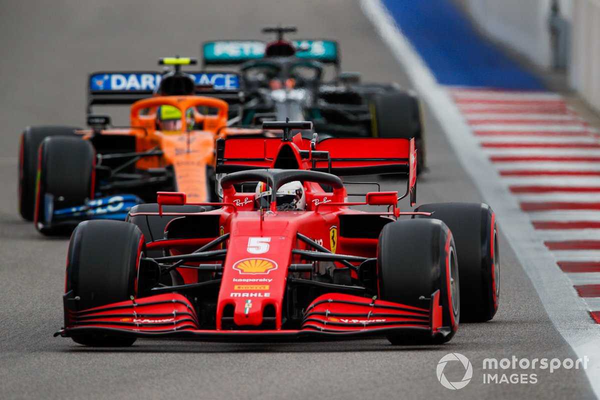 Sebastian Vettel, Ferrari SF1000, Lando Norris, McLaren MCL35, and Lewis Hamilton, Mercedes F1 W11