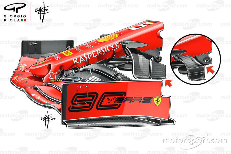 Ferrari SF90: ecco il nuovo muso con i nuovi turning vanes (in precedenza c'e n'era uno solo sotto al naso)