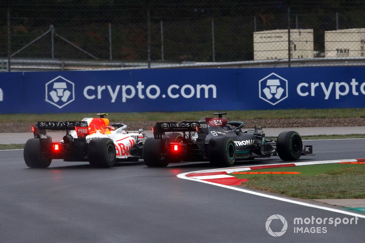 Lewis Hamilton, Mercedes W12, battles with Sergio Perez, Red Bull Racing RB16B