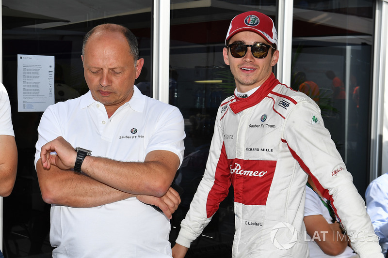 Charles Leclerc, Sauber celebrates with Frederic Vasseur, Sauber, Team Principal