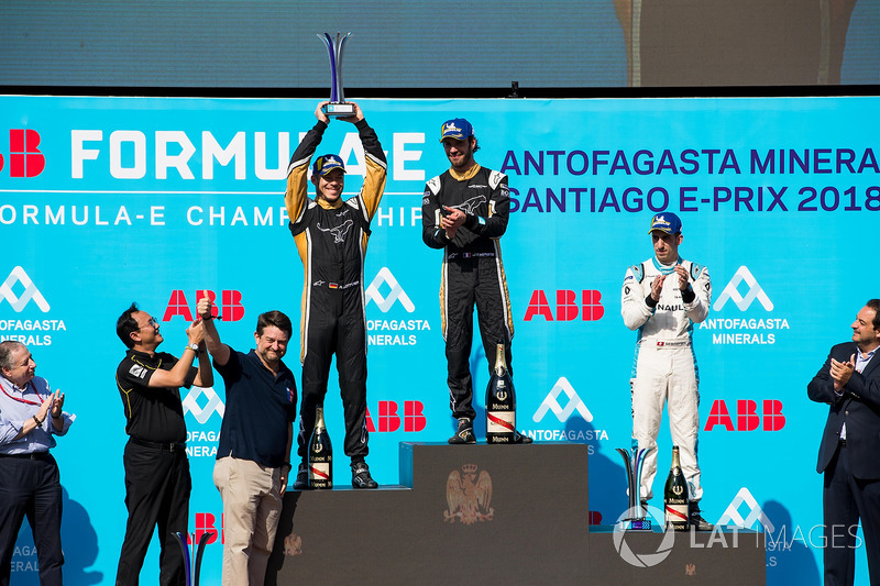 Jean-Eric Vergne, Techeetah, Andre Lotterer, Techeetah make up the first 1st 2nd finish in Formula E history with Sébastien Buemi, Renault e.Dams, in 3rd