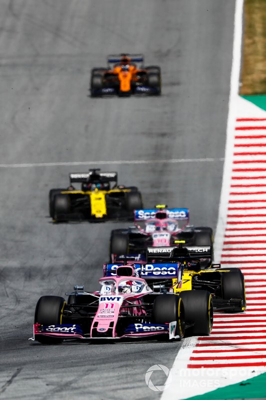 Sergio Perez, Racing Point RP19, leads Nico Hulkenberg, Renault F1 Team R.S. 19, Lance Stroll, Racing Point RP19, Daniel Ricciardo, Renault F1 Team R.S.19, and Carlos Sainz Jr., McLaren MCL34