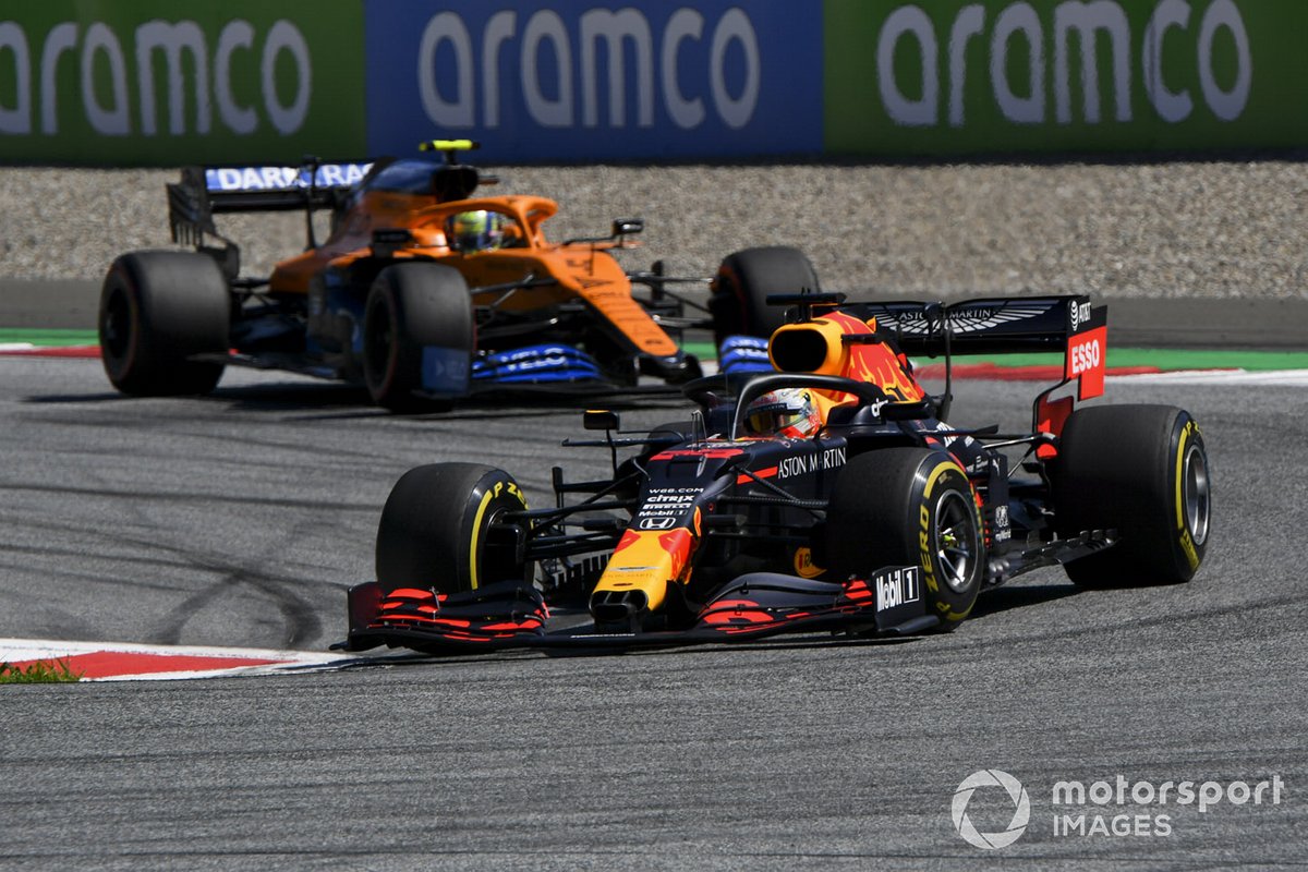 Max Verstappen, Red Bull Racing RB16, leads Lando Norris, McLaren MCL35