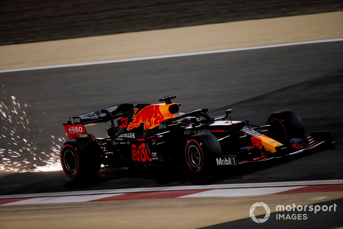 Sparks fly from Max Verstappen, Red Bull Racing RB16