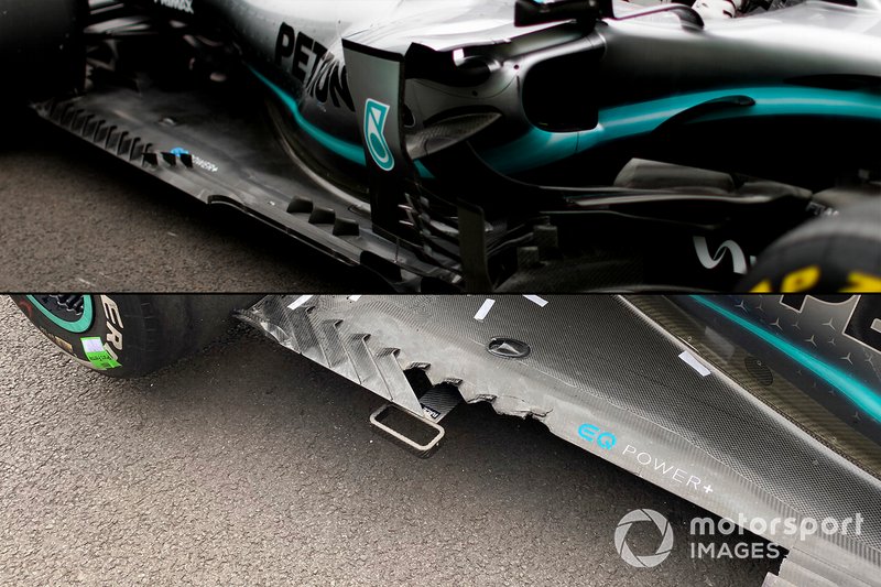 Mercedes AMG F1 W10, dettaglio del fondo danneggiato di Lewis Hamilton a confronto con quello integro
