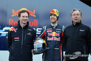 Christian Horner, Red Bull Racing, Sporting Director and Sebastian Vettel, Red Bull Racing and Jean-Francois Caubet Renault Head of Communications