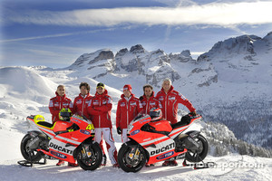 Claudio Domenicali, Ducati director, Gabriele Del Torchio, Ducati president, Valentino Rossi, Ducati, Nicky Hayden, Ducati, Vittoriano Guareschi, test rider Ducati at the Ducati Desmosedici GP11 presentation