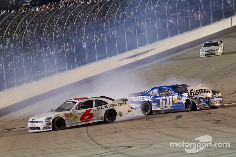 Ricky Stenhouse Jr. blows an engine on the last lap as second place, Carl Edwards slams into the rear of the car, pushing Ricky passed the checkered flag