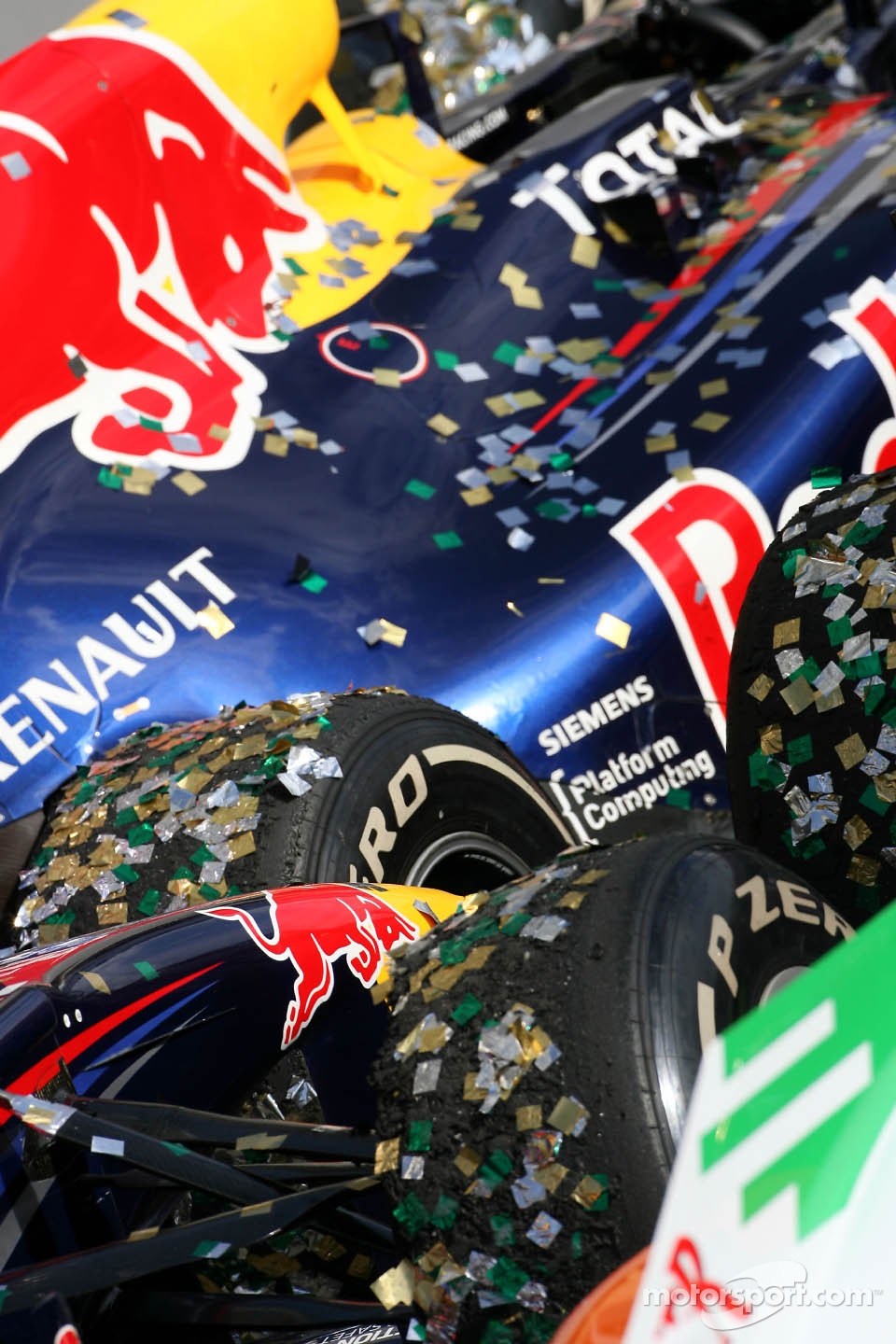 The Red Bull covered in confetti