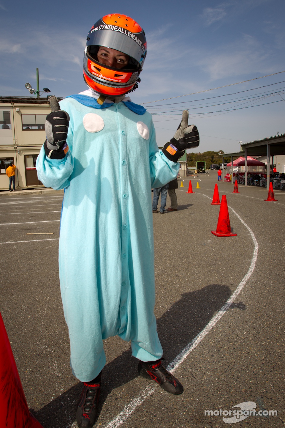 Go-kart charity event: Cyndie Allemann with her suit